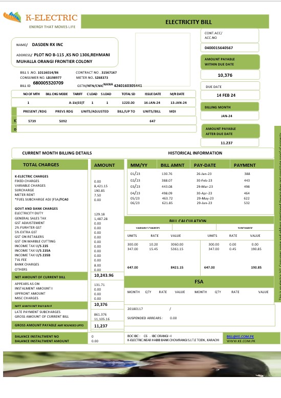 PAKISTAN K ELECTRIC LIMITED business utility bill Word and PDF template PSD template